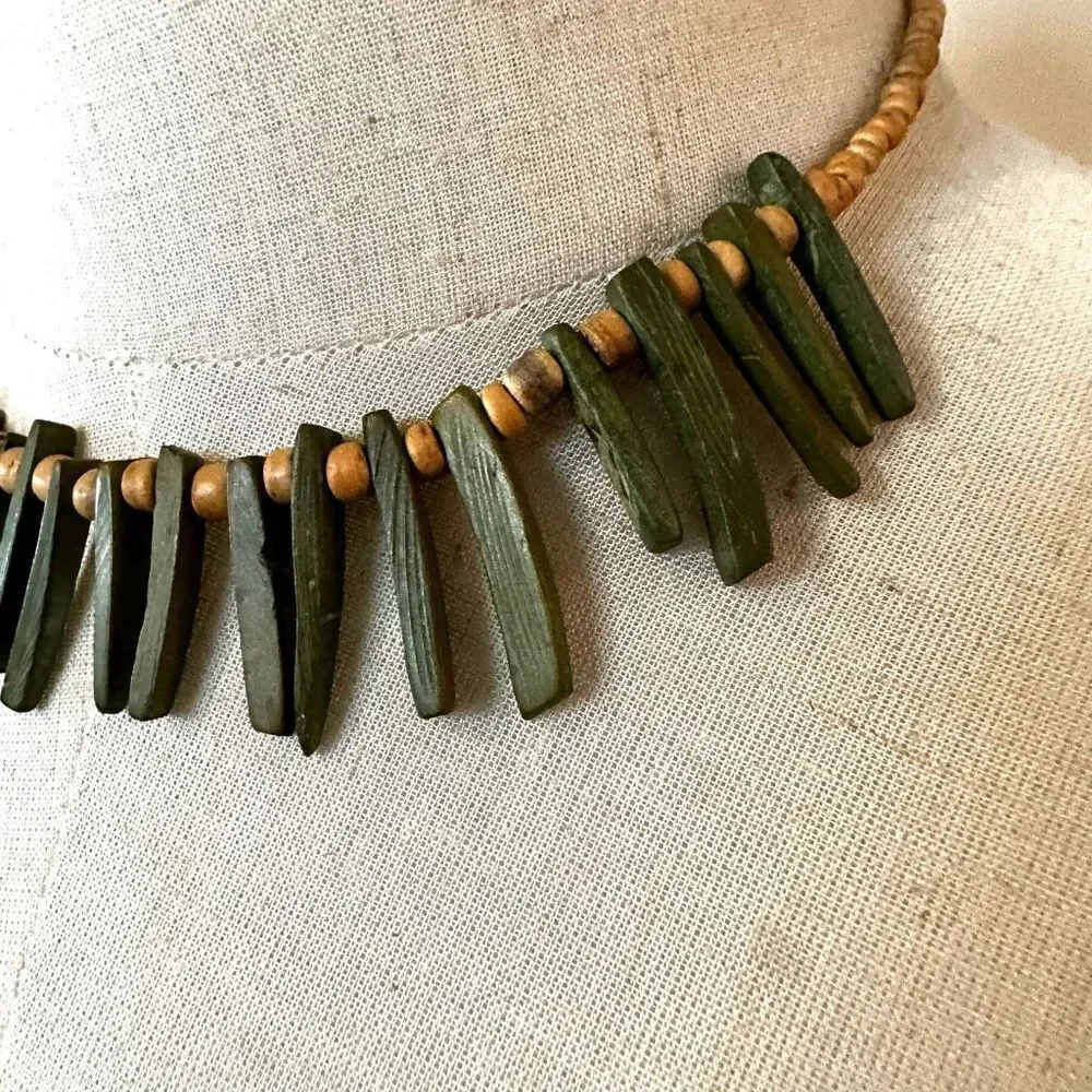 Green and brown wooden beaded necklace